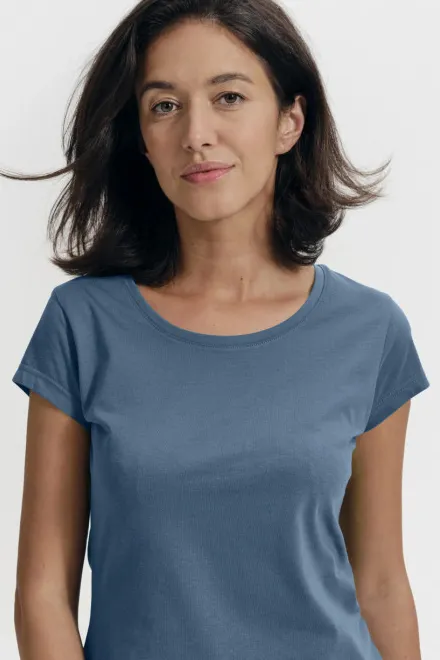 Ženska majica slim fit z okroglim izrezom, denim