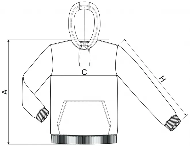 Moška jopica s kapuco brez zadrge - tabela dimenzij