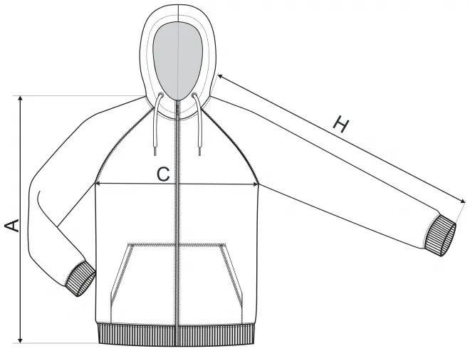Moška kontrastna majica s kapuco - tabela dimenzij