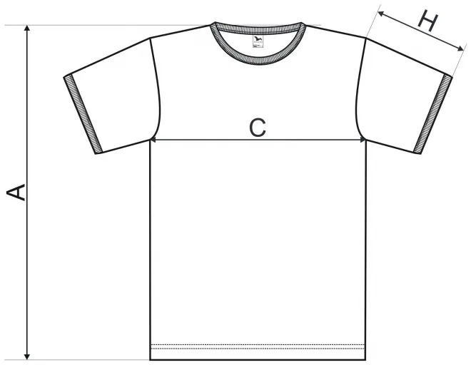 Uniseks kontrastna majica - tabela dimenzij