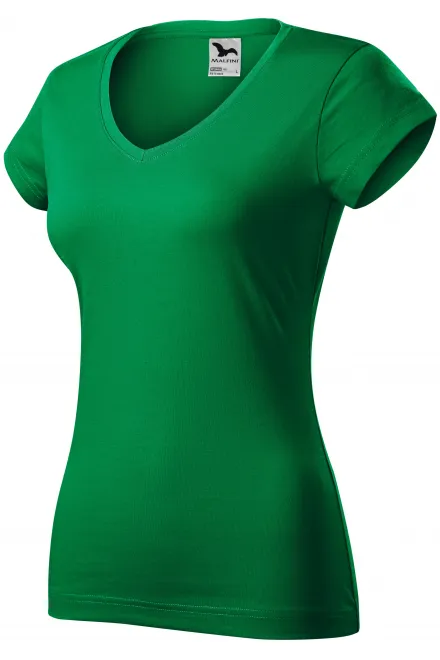 Ženska majica slim fit z izrezom V, travnato zelena