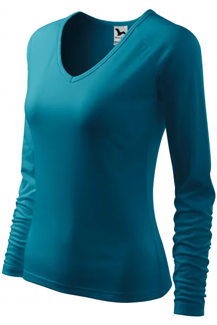 Ženska prilegajoča majica z izrezom V, temno turkizna